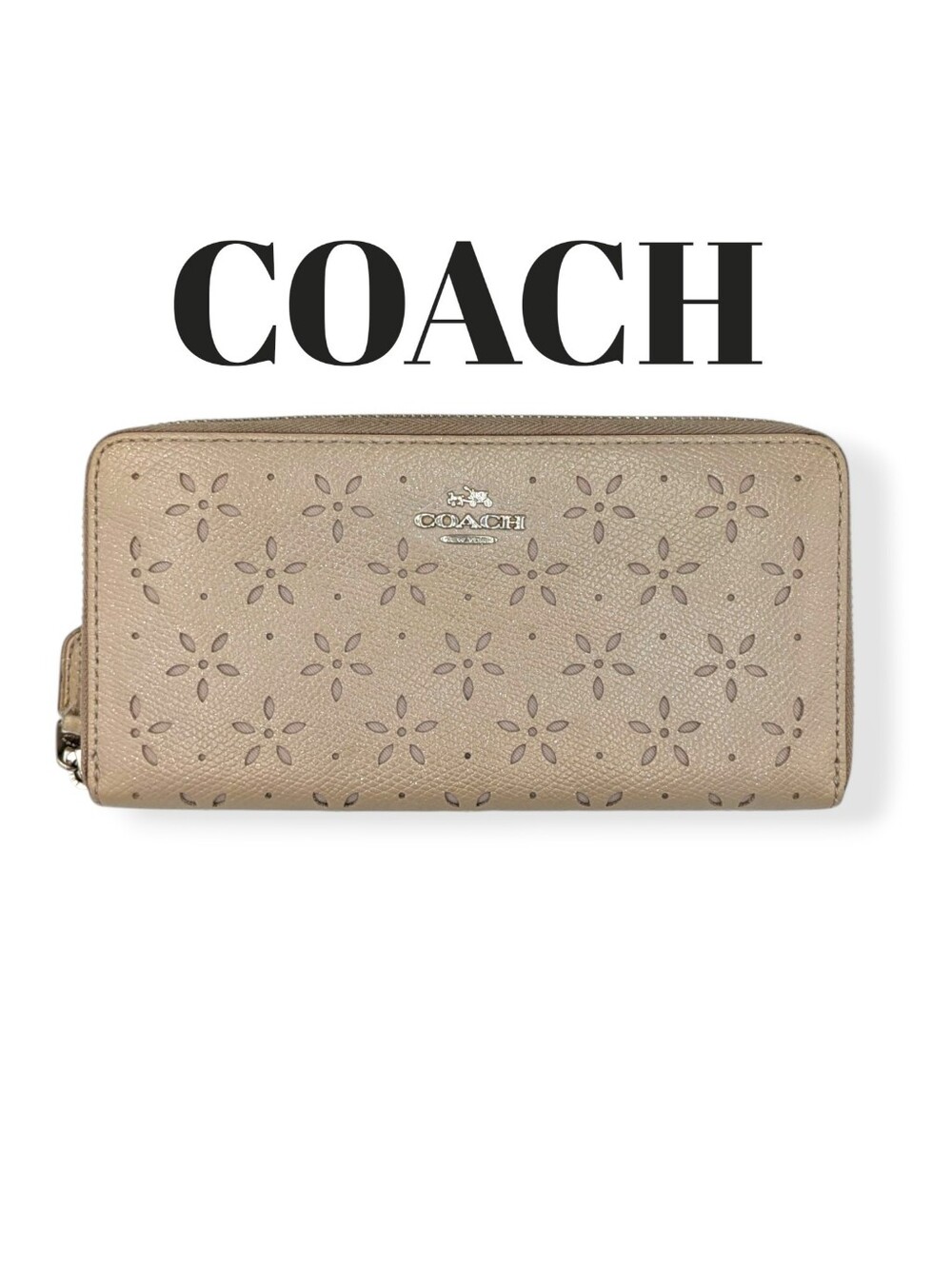 Coach Wallet Leather Floral Perforated Cut Out Zip Around Taupe Tan Logo F53868